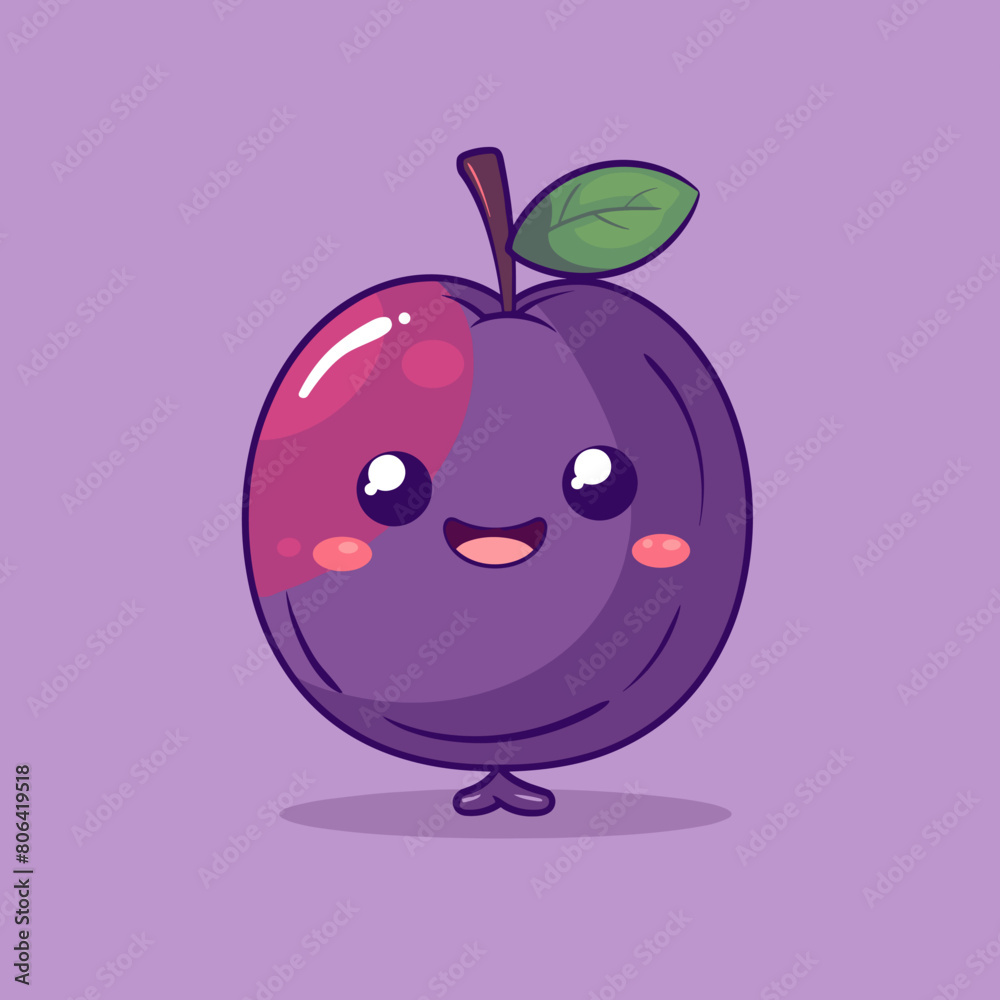 A cartoonish purple plum with a green leaf on top. The plum is smiling and has a happy expression A cartoonish purple plum with a green leaf on top. The plum is smiling and has a happy expression