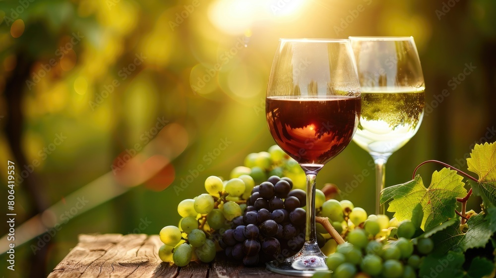 Two glasses of wine, red and white, with grapes on wooden table in vineyard at sunset
