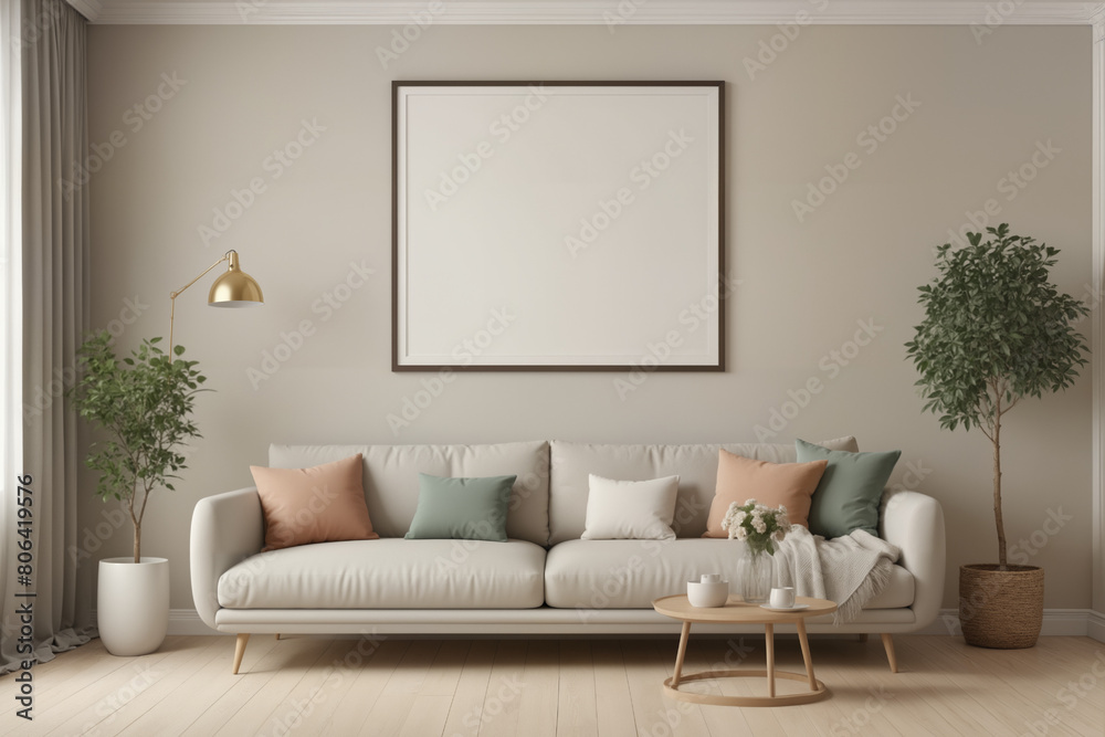 Poster frame mock-up in home interior background, living room in beige and brown colors,3d render Poster frame mock-up in home interior background, living room in beige and brown colors,3d render