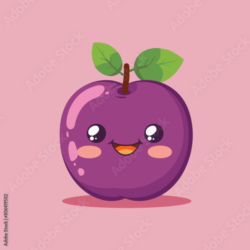A cartoonish purple plum with a green leaf on top. The fruit is smiling and he is happy