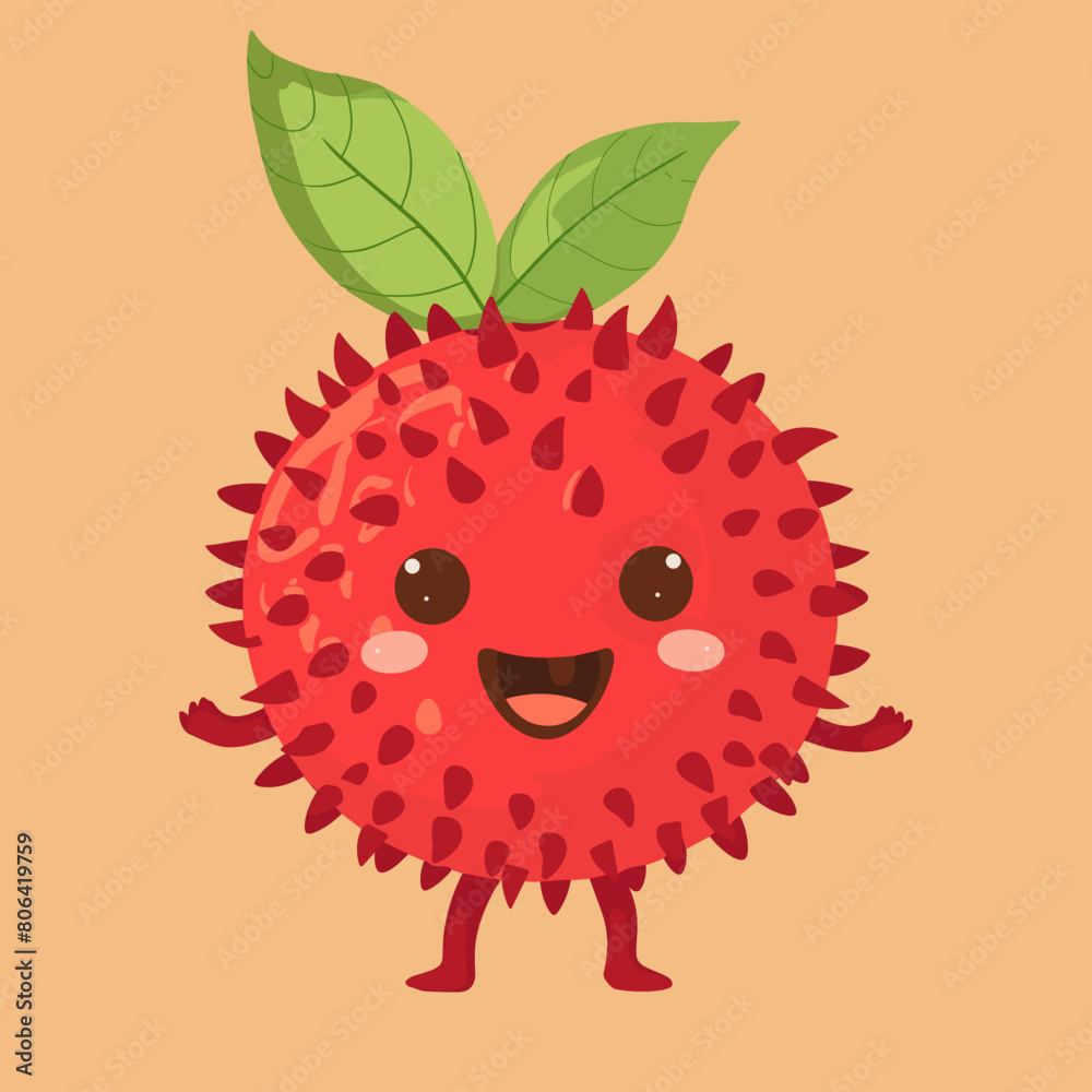 Obraz premium Funny cartoon Rambutan fruit character. Vector Illustration.