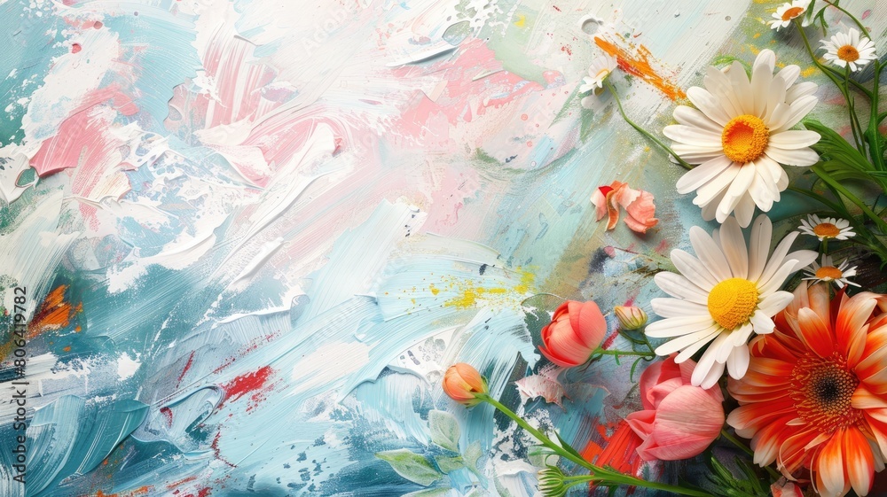 Abstract floral painting with vivid colors and dynamic brush strokes