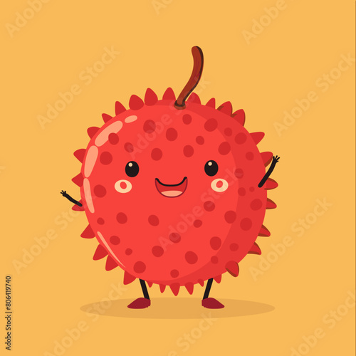 Funny cartoon Rambutan fruit character. Vector Illustration.