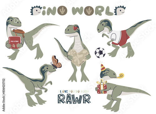 Dinosaur personage sticker collection isolated on white. Dino baby animal as schoolboy, playing soccer and birthday boy. Velociraptor childish character set. Dino hand drawn flat vector illustration
