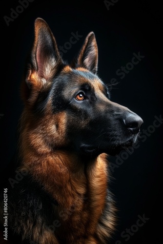 Mystic portrait of German Shepherd, copy space on right side, Close-up View, Isolated on black background