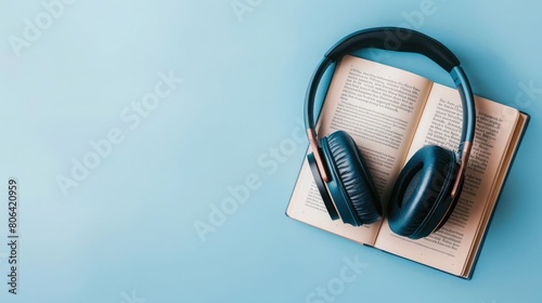 book and headphones on light blue background, Podcast or audiobook concept, Top view flat lay with copy space photo