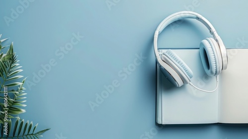 book and headphones on light blue background, Podcast or audiobook concept, Top view flat lay with copy space photo