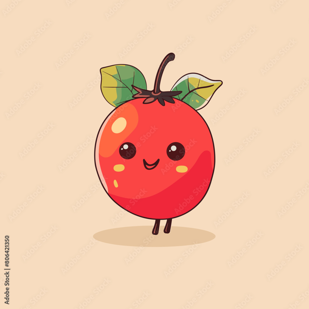 A cartoonish red Rosehip with a green leaf on top. The Rosehip is smiling and he is happy A cartoonish red Rosehip with a green leaf on top. The Rosehip is smiling and he is happy