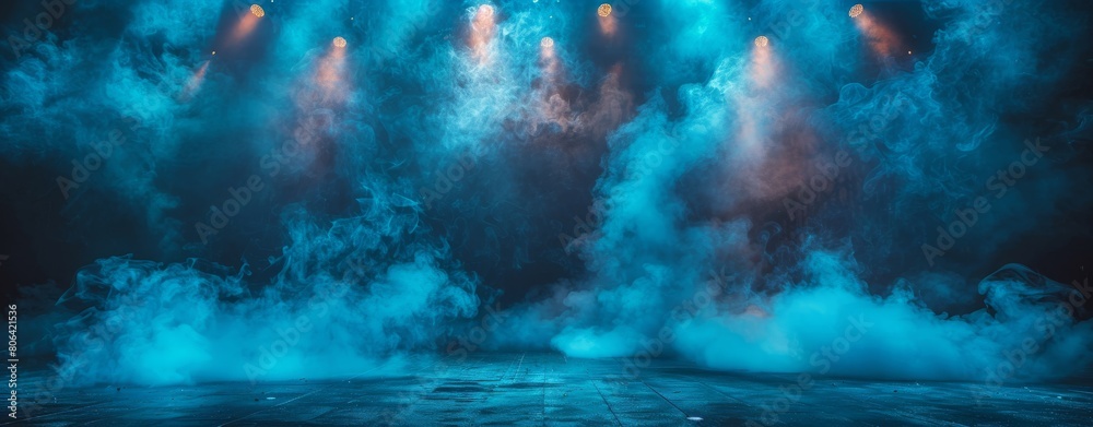 Abstract dramatic background of an empty stage with spotlights and fog. Empty scene for product presentation, concert or show.
