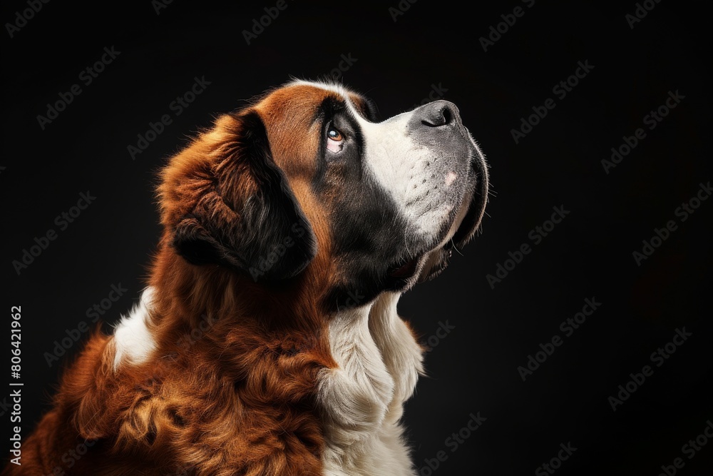 Mystic portrait of Saint Bernard, copy space on right side, isolated on Black background