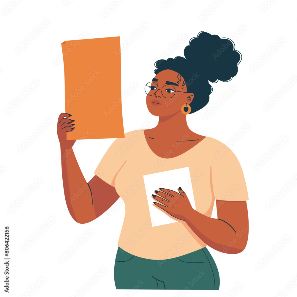 Compaing Paperwork Young African American woman holding sheet paper, comparing documents ...
