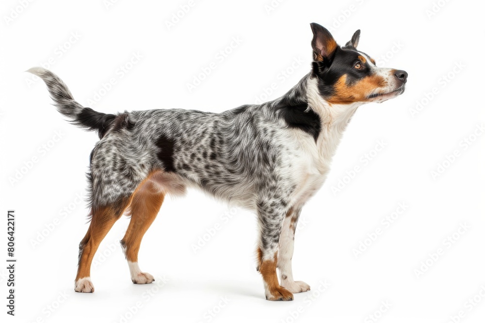 the beside view Australian Cattle dog standing, on white background