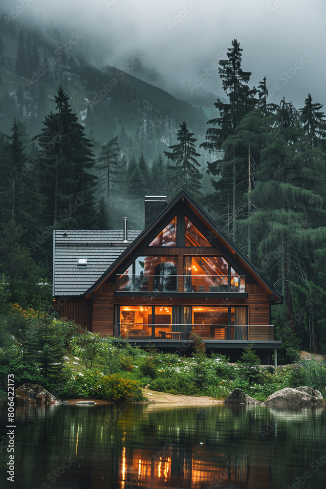 Fototapeta premium Wooden house in modern style on a lake in a pine forest