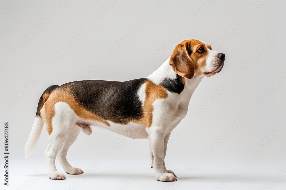 the beside view Beagle dog standing, on white background