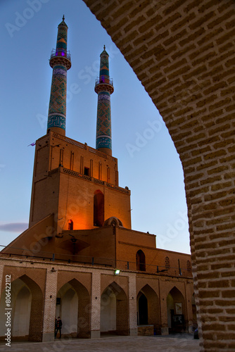 View of the minarets of the Grand Mosque in Yazd, Iran in full details photo