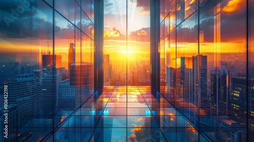 Abstract background of a modern city with skyscrapers and office buildings in sunset light, providing a panoramic view.