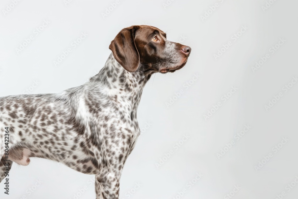 the beside view Pointer dog standing, left side view, 