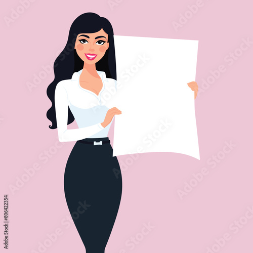 Businesswoman holding blank white paper presentation. Confident female black hair, white shirt, presenting empty sheet. Cartoon character showcasing poster, professional business presentation