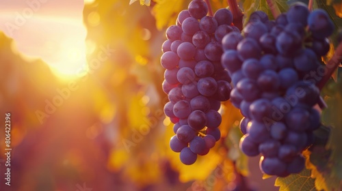 Sunset Harvest: Ripe Blue Grapes in Vineyard for Winemaking and Agriculture