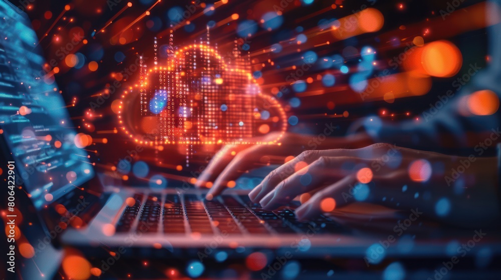 Cloud Computing in Action: Person Typing on Laptop with Binary Code Cloud Graphic Cloud Computing in Action: Person Typing on Laptop with Binary Code Cloud Graphic