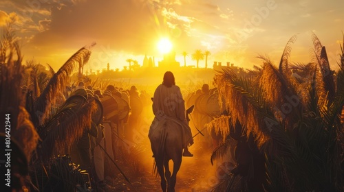Jesus on Donkey Entering Jerusalem for Palm Sunday Celebration photo
