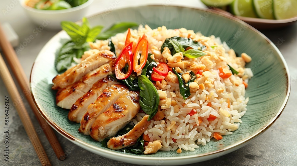 Cooked rice with stir-fried sliced chicken breast and basil.Thai food . Generative Ai Cooked rice with stir-fried sliced chicken breast and basil.Thai food . Generative Ai