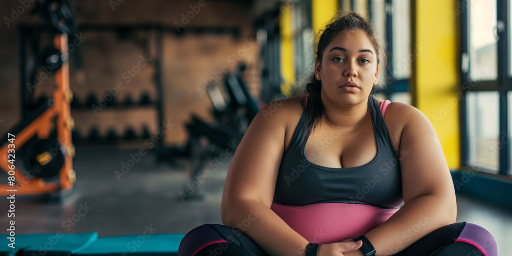 Focused woman taking a rest after intense workout session in a gym setting. body positivity