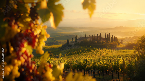 Beautiful panoramic sunset landscape overlooking vineyards and green hills