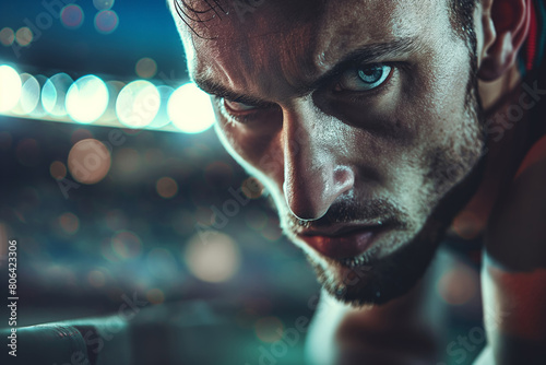 Close-up Portrait of Intense Male Gaze with Dramatic Lighting and Bokeh Background. photo