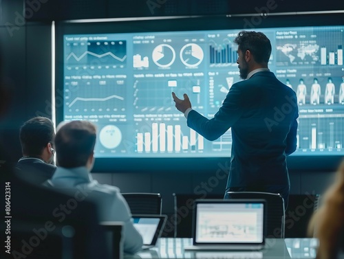 A person is presenting data analytics on a large screen to an audience in a dark room.