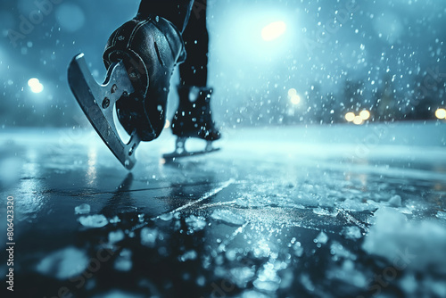Person gliding on ice, detailed ice skate blade, outdoor winter night sport, lights. photo