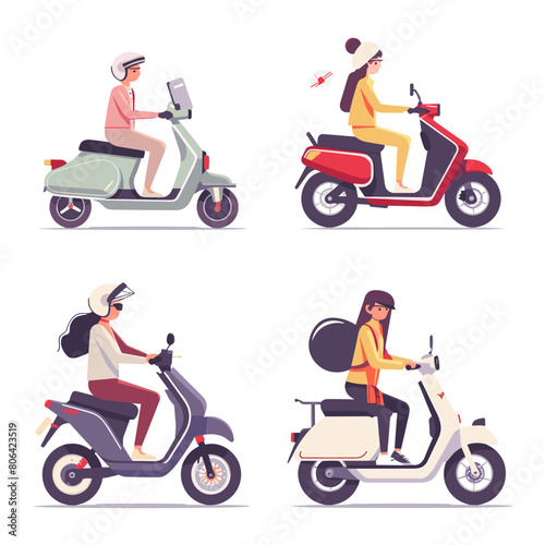 Four people riding scooters with one of them wearing a backpack. The scooters are of different colors and sizes