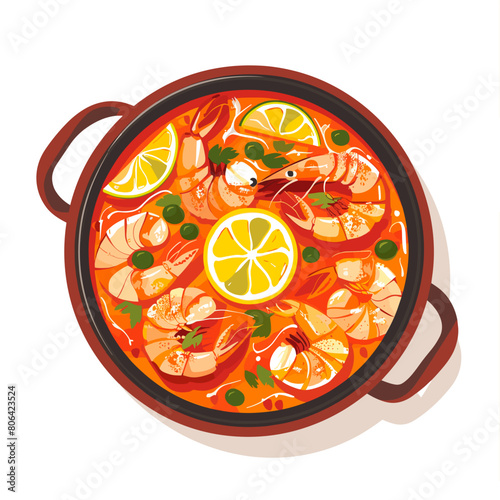A bowl of Moqueca is a seafood stew. The soup is orange and has a lot of shrimp in it
