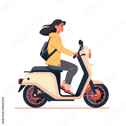 A woman is riding a scooter with a yellow jacket. She is wearing a backpack and has a smile on her face