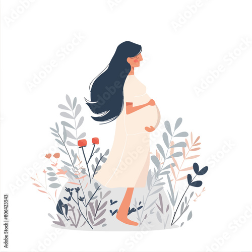 A woman is walking through a field of flowers. She is pregnant and wearing a white dress. The flowers are in various colors and sizes, and they are scattered throughout the field