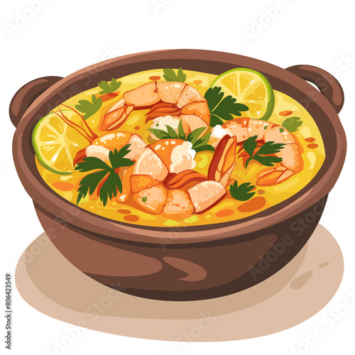 A bowl of Moqueca is a seafood stew with shrimp and lime. The soup is yellow and has a lot of shrimp and lime in it