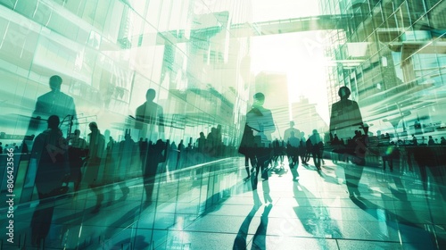 Business people silhouettes walking in a futuristic city with glass buildings, with a double exposure effect.