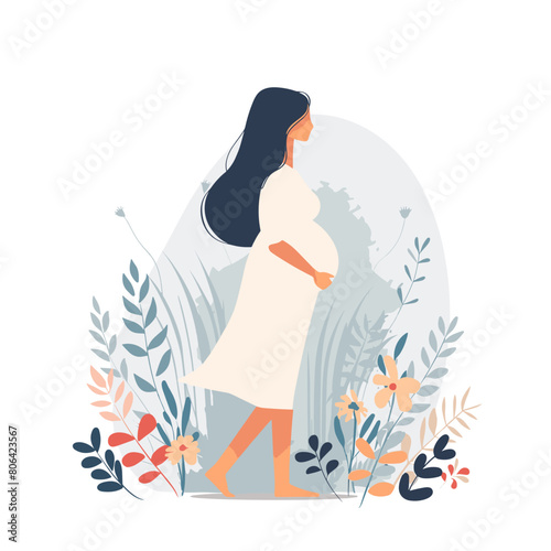 A woman is walking through a field of flowers. She is pregnant and wearing a white dress. The flowers are in various colors and sizes, and they are scattered throughout the field