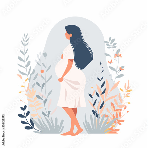 A woman is walking through a field of flowers. She is pregnant and wearing a white dress. The flowers are in various colors and sizes, and they are scattered throughout the field