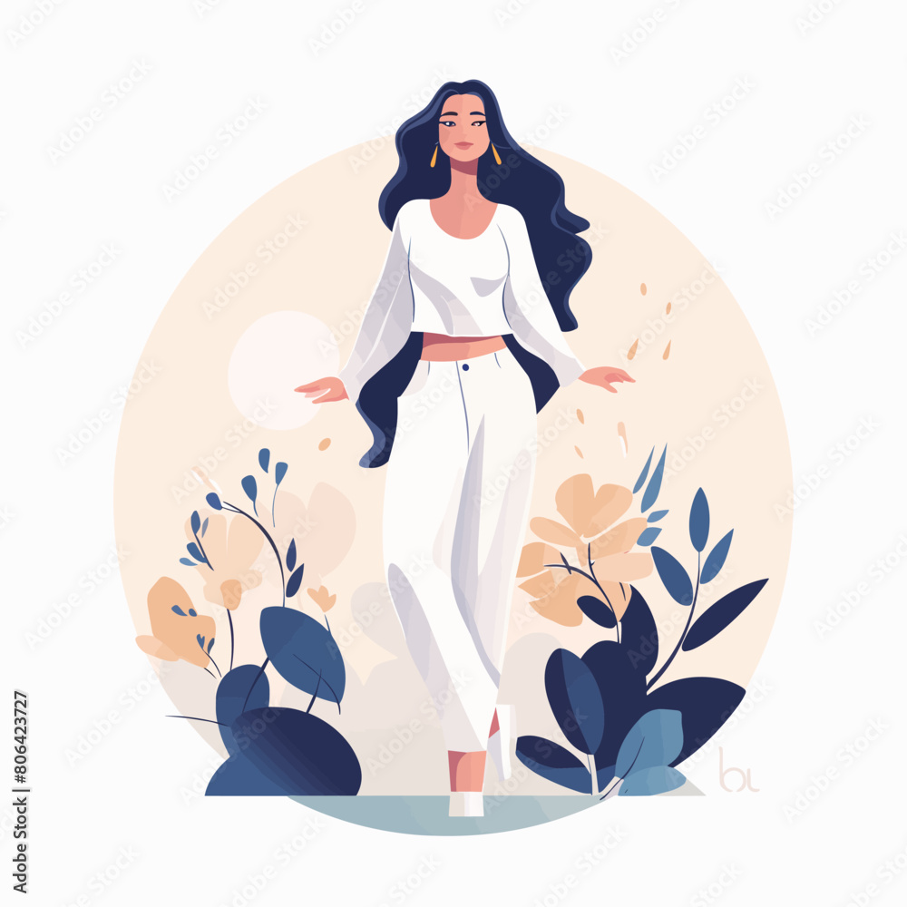 Obraz premium A woman in a white dress is walking through a garden. She is holding a bouquet of flowers