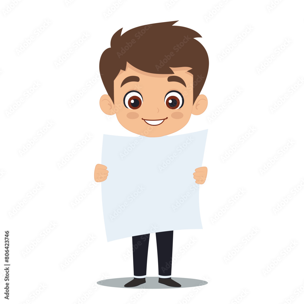 Young boy smiling holding blank paper sheet ready text message promotion. Cartoon character happy kid showing empty sign advertising announcement. Child standing displaying white placard custom Young boy smiling holding blank paper sheet ready text message promotion. Cartoon character happy kid showing empty sign advertising announcement. Child standing displaying white placard custom