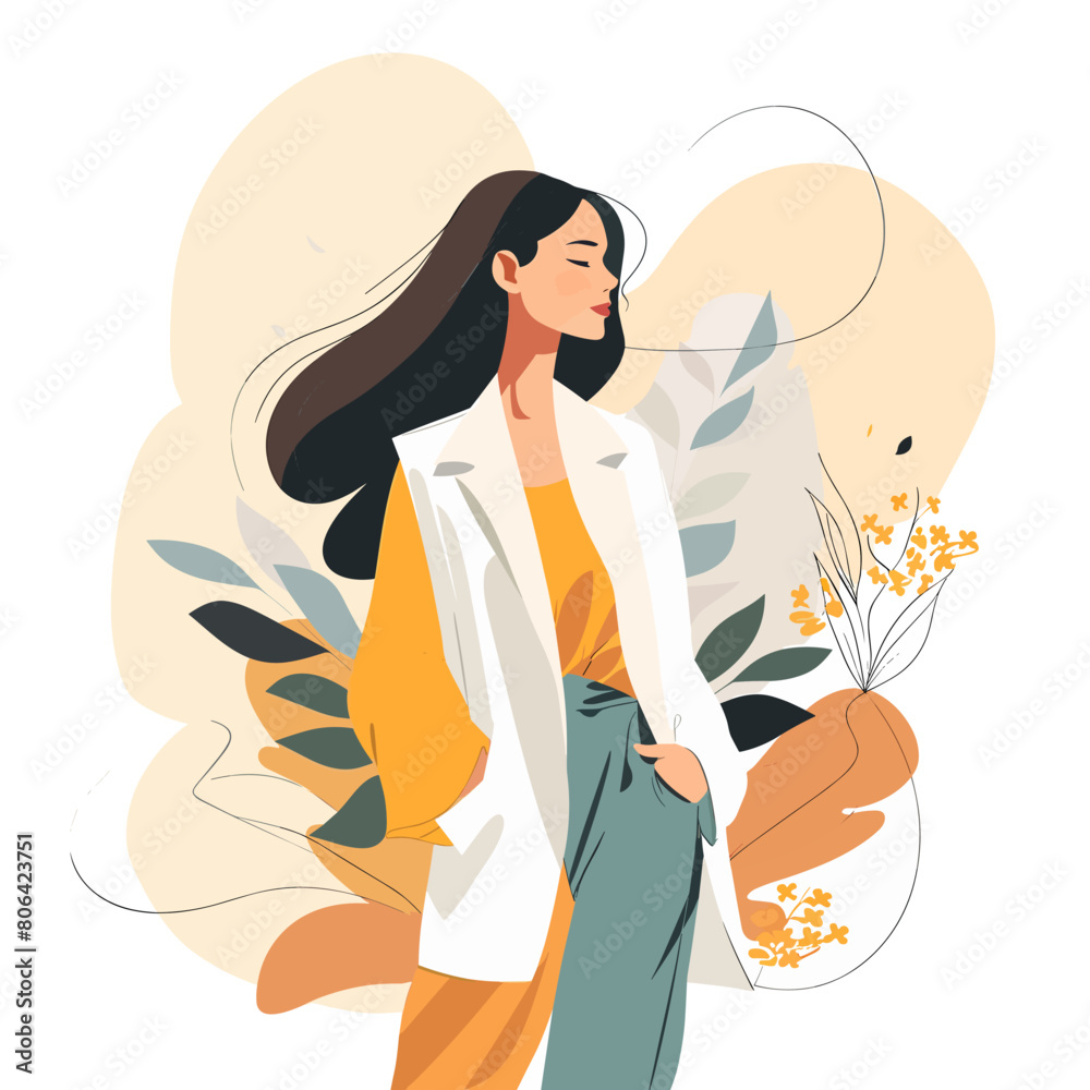 A woman is standing in front of a tree with leaves. She is wearing a white jacket and blue pants A woman is standing in front of a tree with leaves. She is wearing a white jacket and blue pants