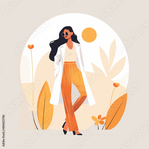 A woman in a white coat and orange pants walks in a field of flowers. The image has a bright and cheerful mood, with the sun shining down on the woman and the flowers