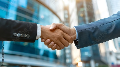Business people shaking hands over office building, soft focus photography style stock photo.