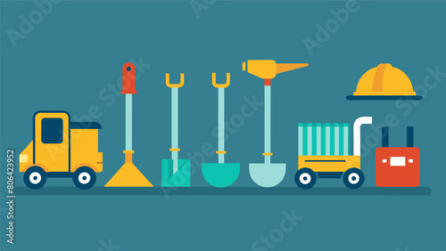 From land clearing to hauling materials this lineup has all the tools necessary to tackle any construction challenge.. Vector illustration