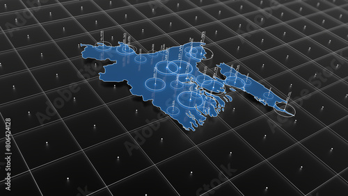Obraz na płótnie Bangladesh blue map big data visualization. Futuristic infographic map. Information aesthetics. Complex visual data. Complex data graphic visualization. 3D render illustration. w salonie
