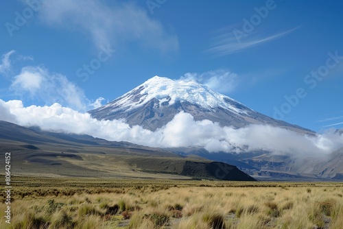 A majestic view of the snowcapped mount, with its iconic peak partially shrouded by clouds against a clear blue sky, surrounded by rolling grasslands and distant mountains. Chimborazo Day.