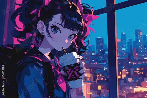 A cute girl in a Japanese high school uniform is drinking milk tea, with city buildings outside the window at night. 