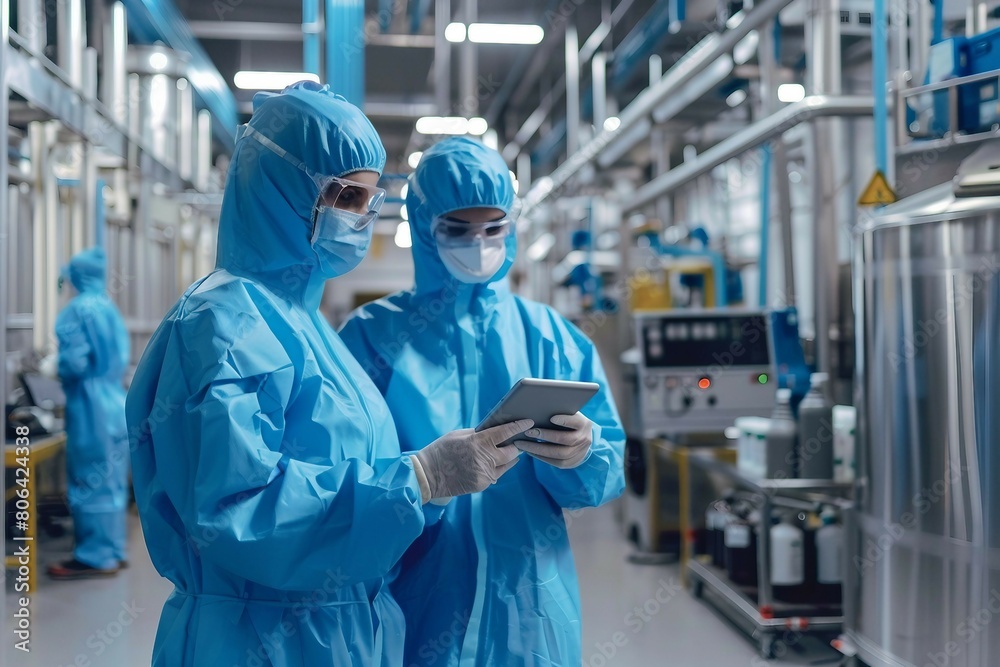 A person in a full protective suit and head covering is holding a tablet inside an industrial facility. A person in a full protective suit and head covering is holding a tablet inside an industrial facility.