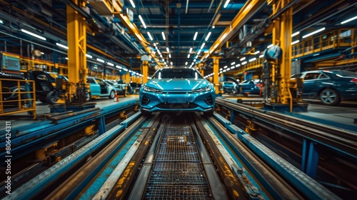 Car production line with cars in blue paint on the frame at factory for manufacturing and sheet metal work industry concept.